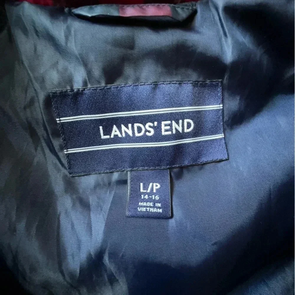 LANDS’ END NWOT DOWN VEST NAVY & RED BUFFALO PLAID POCKETS | SIZE: L / PETITE